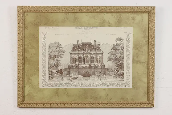 French Hunting Lodge Antique Original Engraving 30.5" #48027