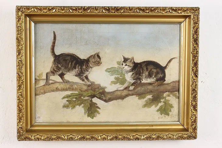 Pair of Kittens Playing Antique Original Oil Painting 19.5" #48412
