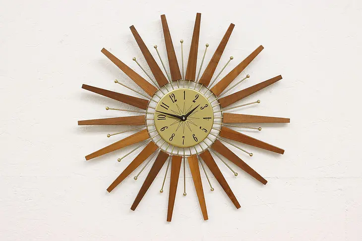 Midcentury Modern 60s Vintage Teak Sunburst Wall Clock #48460