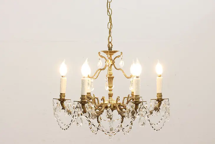 Traditional Antique 6 Arm Brass Chandelier w/ Crystal Prisms #45662