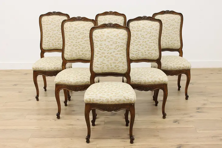 Set of 6 Vintage Country French Dining Chairs Leopard Fabric #48533