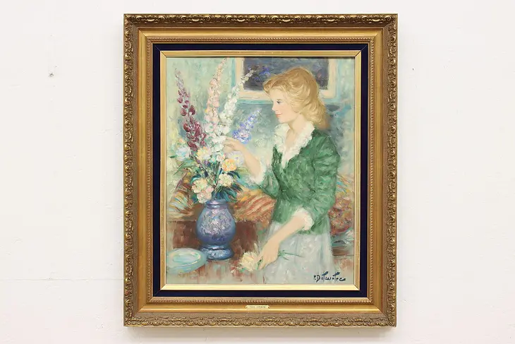 French Woman & Flowers Vintage Oil Painting Duteurtre 32.5" #48332