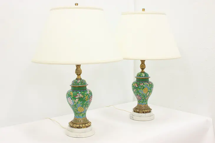 Pair of Vintage Italian Cloisonne Vase Lamps, Marble Bases #48001