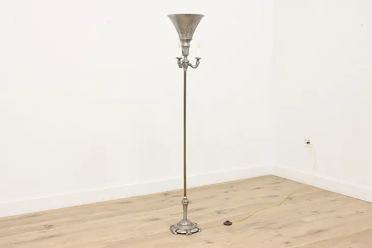 Art Deco Vintage Embossed Aluminum Torchiere Floor Lamp #48390