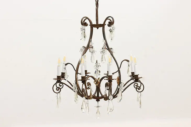 Wrought Iron Vintage 8 Candle Chandelier, Crystal Prisms #48339