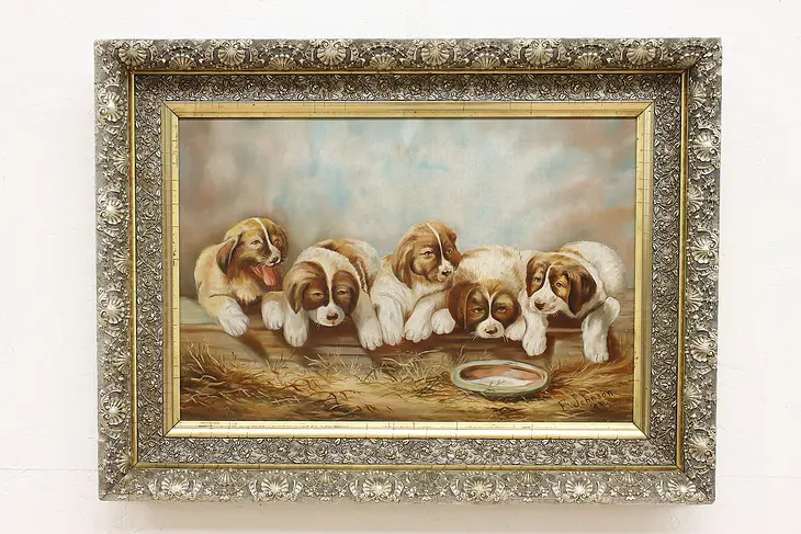 St. Bernard Puppies Antique 1893 Oil Painting Johnson 31" #48567