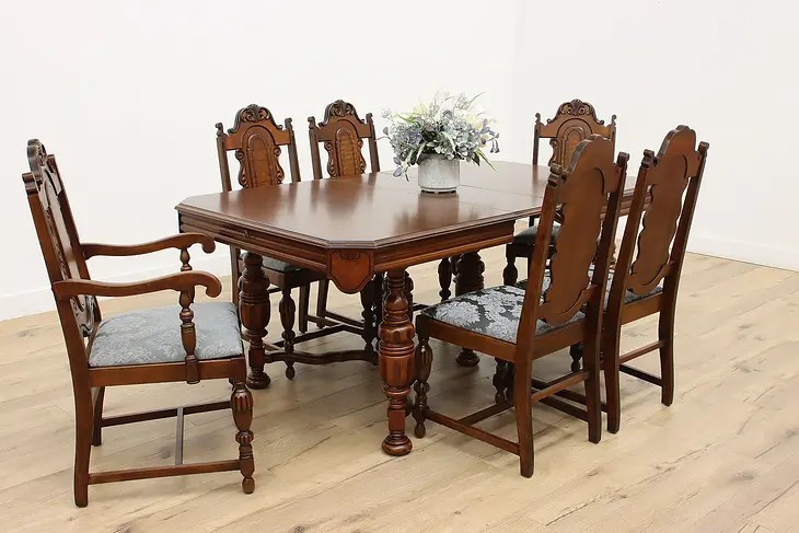 Tudor Antique Dining Set Table Butterfly Leaf, 6 Chairs #48488