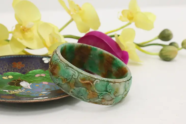 Chinese Vintage Carved Jade Bangle or Bracelet, Flowers #48210