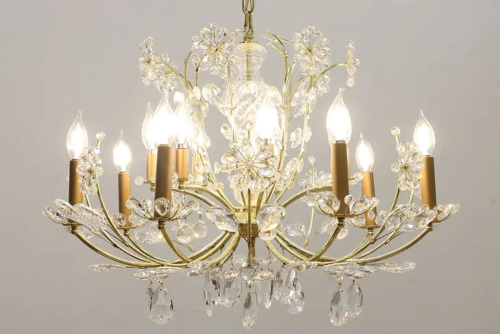 Traditional Vintage Brass Plated 14 Arm Chandelier, Prisms #48520