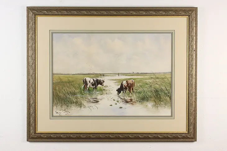 Cows in Stream Vintage Original Watercolor Fischer 43.5" #48409