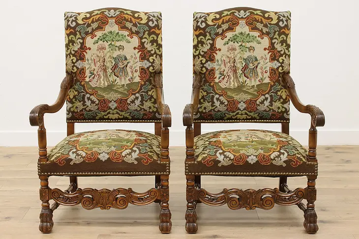 Pair Renaissance Antique Needlepoint Tapestry Throne Chairs #48163