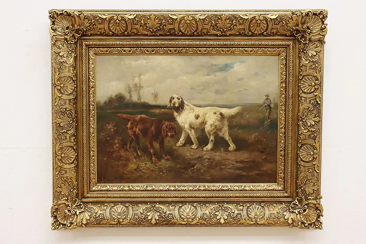 Dogs & Hunter Antique Original Oil Painting Schouten 48.5" #48736