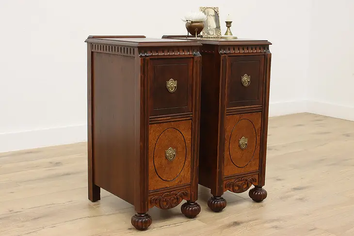 Pair of Vintage Tudor Design Figured Walnut Nightstands #38000