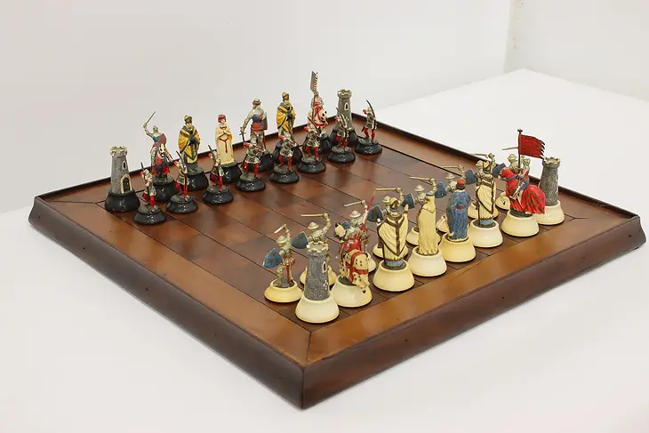 Medieval Antique Chess Set, Walnut Board & Painted Pieces #48738