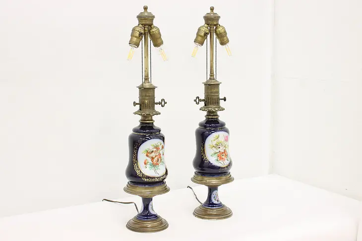 Pair of French Antique Painted Porcelain Brass Boudoir Lamps #46106