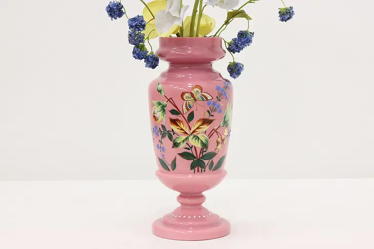 Victorian Antique Pink Blown Glass Vase, Painted Butterflies #47403