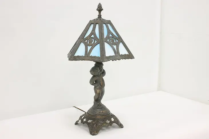 Victorian Design Vintage Blue Stained Glass Lamp, Cherub #45660