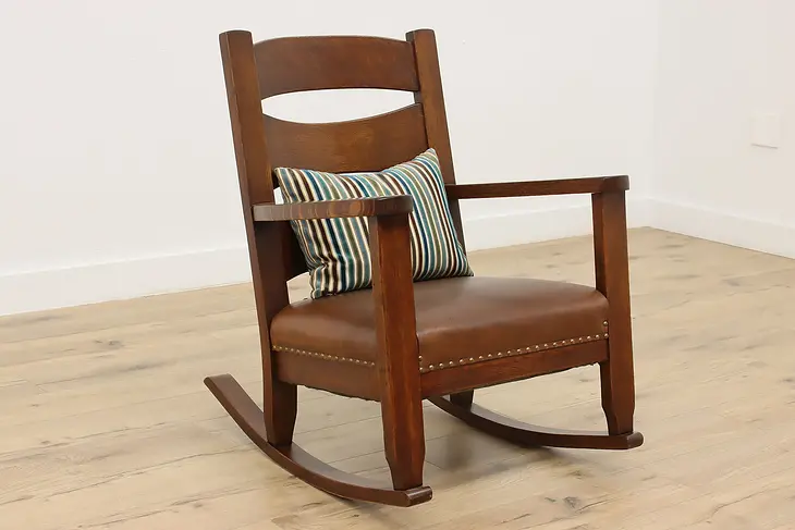 Arts & Crafts Mission Oak Antique Rocking Chair, Leather #48817