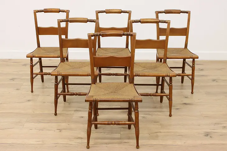 Set of 6 Farmhouse Antique Birch & Rush Seat Dining Chairs #48765