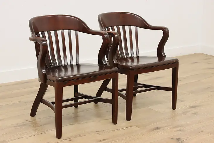 Pair of Traditional Antique Birch Banker Desk Chairs, Sikes #41510