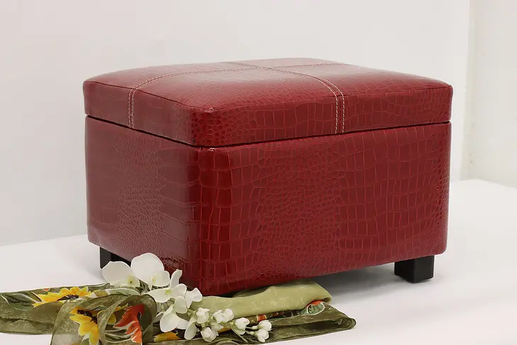 Red Vintage Faux Alligator Upholstered Footstool w/ Storage #48775