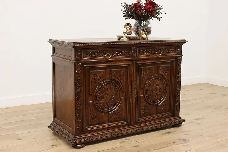 Renaissance Antique Carved Oak Sideboard, Bar, or TV Console #48700