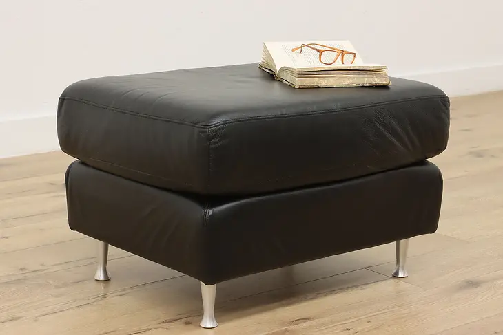 Midcentury Modern Vintage Black Leather Ottoman Small Bench #48694