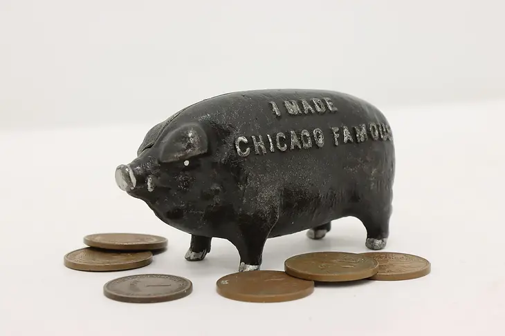 Farmhouse Antique Cast Iron Pig Coin Bank, Chicago Famous #46743