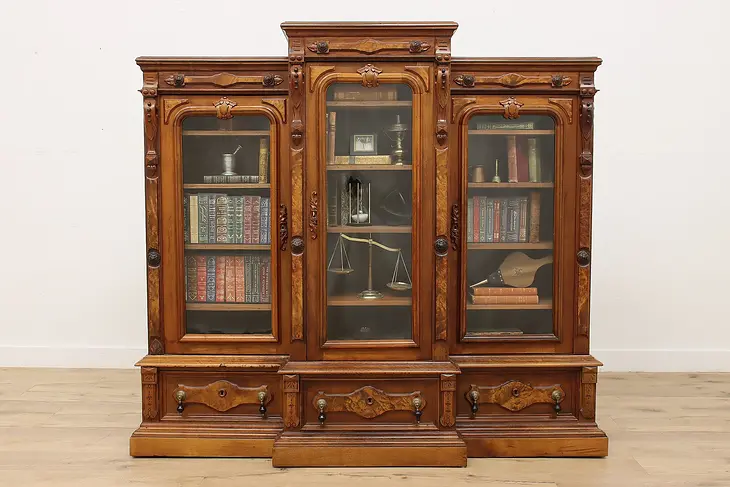 Victorian Antique Walnut Burl Library Office Triple Bookcase #48635