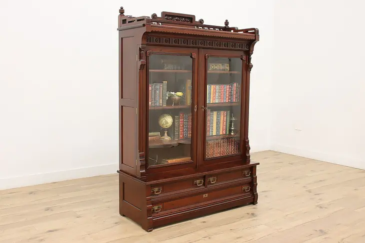 Victorian Eastlake Antique Carved Mahogany Library Bookcase #48645