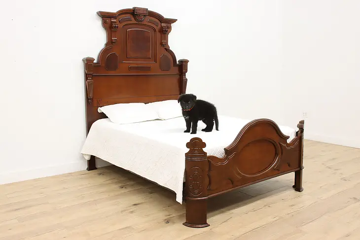 Victorian Queen Size Antique Carved Walnut & Burl Bed #42707