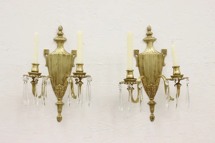 Pair of Classical Vintage Brass & Prisms Wall Candle Sconces #45353