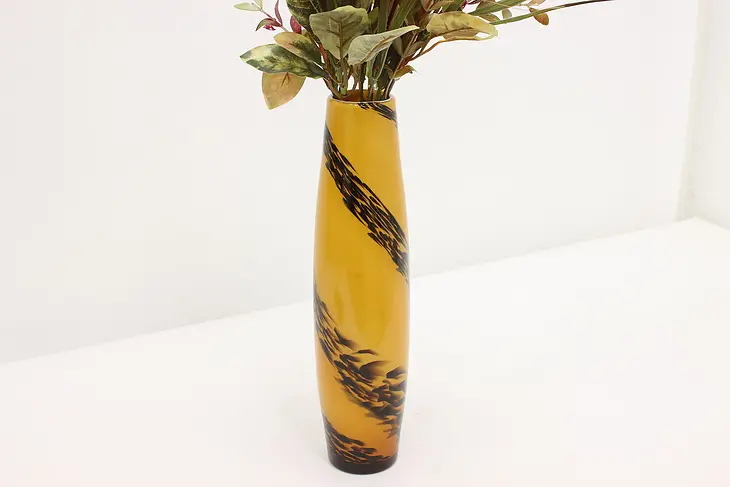 Yellow & Black Vintage Blown Art Glass Flower Vase #48761