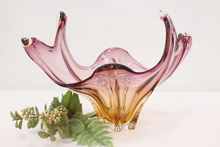 Pink & Gold Vintage Italian Murano Glass Sculpture Bowl #48823