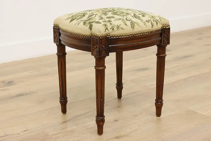 Country French Vintage Carved Walnut Footstool, Needlepoint #49080