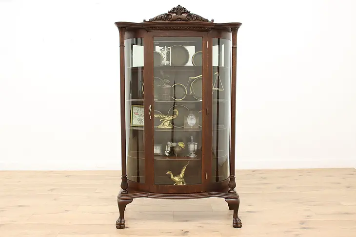 Victorian Antique Oak & Curved Glass Curio Display Cabinet #48638