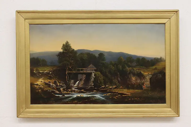 Water Mill & Mountains Antique Original Painting Crook 35.5" #48344