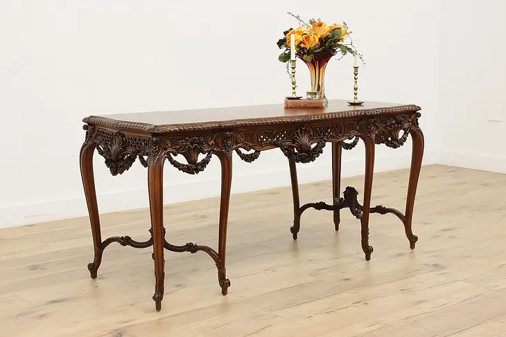 French Carved Walnut Antique Sofa or Hall Console, Roses #48644