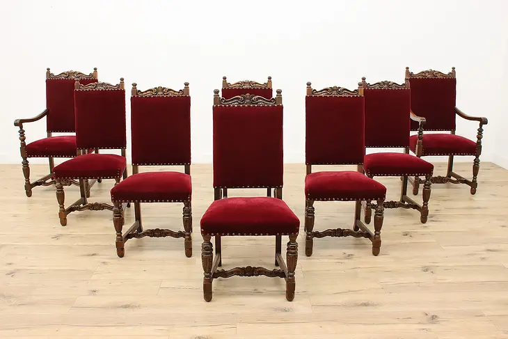 Set of 8 Tudor Design Antique Carved Dining Chairs, Velvet #49096