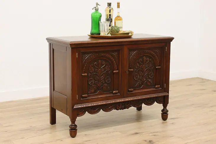 Tudor Design Antique Carved Buffet or Bar Cabinet, Batik #48577