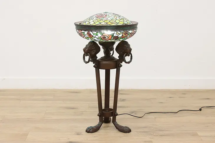 Neoclassical Vintage Stained Glass Floor Lamp, Lions & Roses #48350
