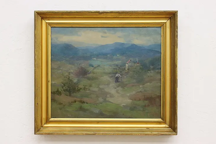 Mountain Farm Antique Original Oil Painting, Signed 23.5" #49128