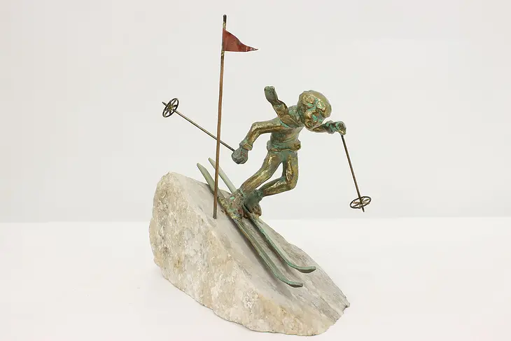 Patinated Brass Skier Vintage Sculpture on Rock Base #49235