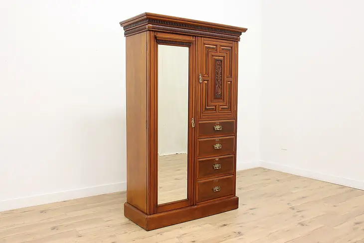 Victorian Antique Carved Fruitwood Armoire Wardrobe, Mirror #49752