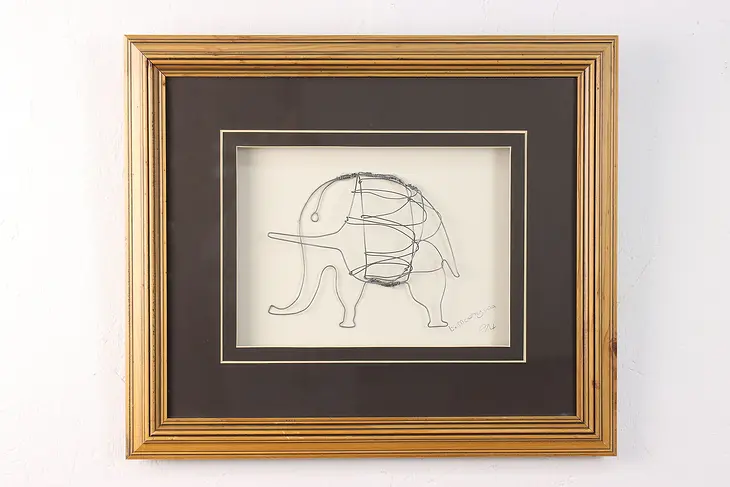 Framed 3D Elephant Wire Art, Signed 18.5" #49748