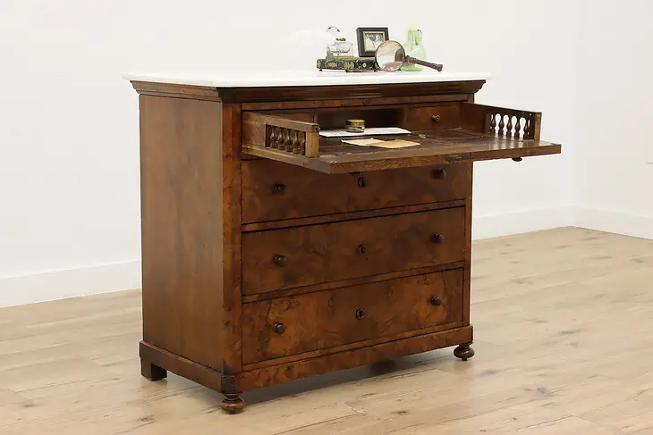 Biedermeier Antique Walnut Burl Butler Secretary Desk Marble #49882