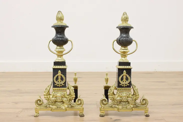 Pair of Vintage Brass & Marble Fireplace Andirons, Dragons #48943