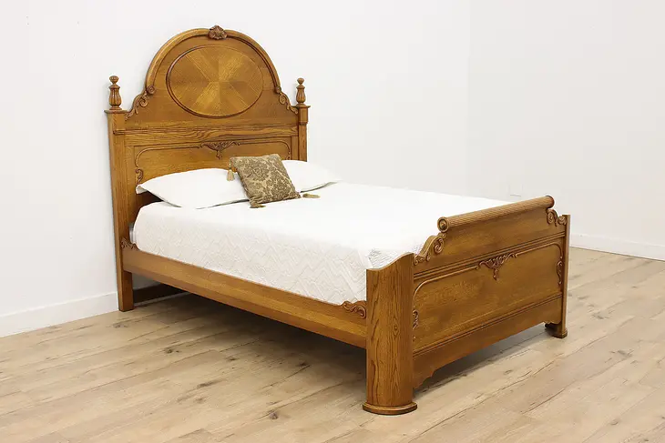 Victorian Design Vintage Carved Oak Queen Size Bed #49893