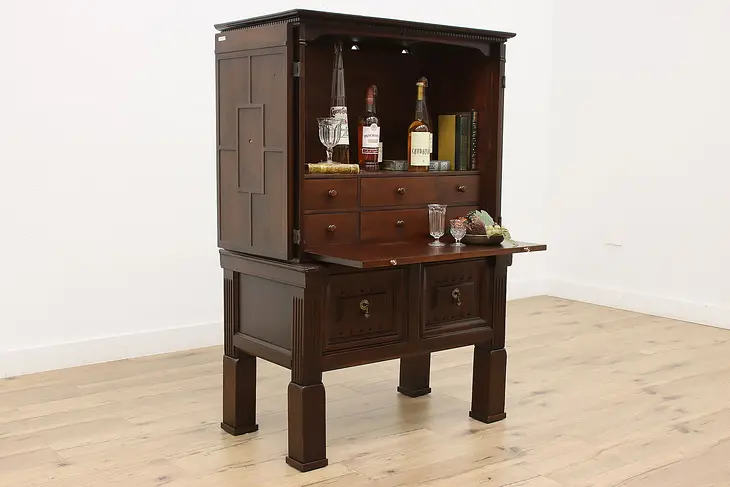 Tudor Antique Carved Walnut Secretary Desk or Wine Cabinet #49633