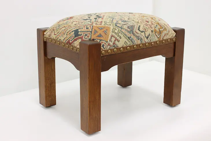 Arts & Crafts Antique Mission Oak Footstool, New Fabric #50096